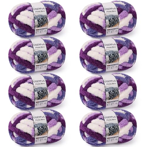 Image of Cozyful Chunky Yarn for Hand Knitting - #10 Chunky Chenille Blanket Yarn, Jumbo Big Thick Chunky Yarns for Crocheting, Tie Dye Bulky Knit Yarns, 8 Skein (20 yds 8 oz Each Skein), Multi Purple & White