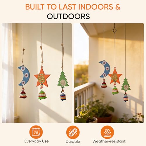 Image of Aakriti Art Creations Festive Trio Wind Chime Set Moon, Star & Tree | Handmade Modern Art Wooden & Metal Wind Chimes | Decorative Indoor & Outdoor Hanging for Balcony, Garden, Living Room & Gifting