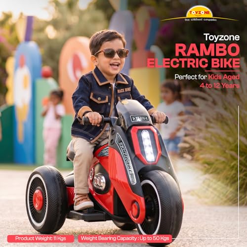 Image of Toyzone Rambo Electric Bike (Red) | 12V Rechargeable Bike for Kids with 4.5Ah Battery | LED Lights, Music, MP3| Smooth Acceleration | 6M Battery Warranty | for Big Kids Age 4-12 Years, Up to 35kg