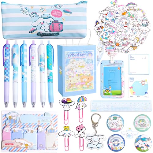 Cute School Supplies Kawaii Stationery Set with Pencil Case Ruler Ball Pens Stickers Keychain ID Badge Holder Back to School Stationery Gifts for Women Teen Girls Animes Lovers Students