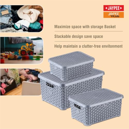 Image of Jaypee Plus Keep all 3 Plastic Storage Basket Organizers With Lid For Kitchen,Fridge, Office Wardrobe, Stationery, Household, Toys & Multipurpose use Pack of 3 Durable Box, Silver