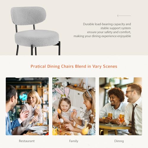 Sweetcrispy Dining Chairs Set of 2, Boucle Upholstered Modern Mid Century Round Kitchen Chairs with Curved Backrest & Metal Legs for Vanity, Living Room - Grey