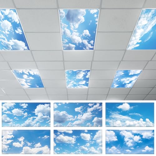 6 Pcs Fluorescent Light Covers with 60 Magnets Decorative for Classroom Ceiling Lights 4 x 2 Feet Magnetic Light Cover Filter Easy Install for Office Hospital Home Ceiling Supplies (Blue Sky Cloud)