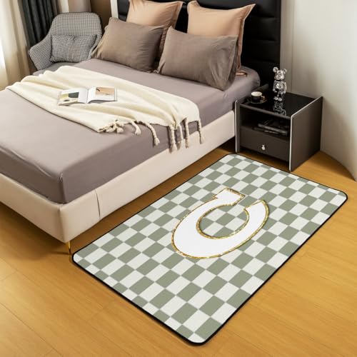 Image of Erosebridal Sage Green Checkered Area Rug 3x5 Plaid Initial C Rug for Bedroom Living Room Personalized Monogram Carpet Decor Fashion Grids Gingham Indoor Floor Mat Non Slip