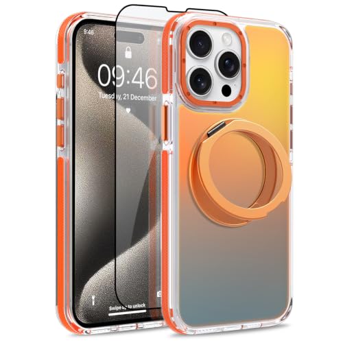Image of Magnetic for iPhone 15 Pro Max Case with 360 Stand [Compatible with Magsafe] [Fluorescent Design] [1 Screen Protector] Slim Translucent Matte Case for iPhone 15 Pro Max 6.7 inch, Orange