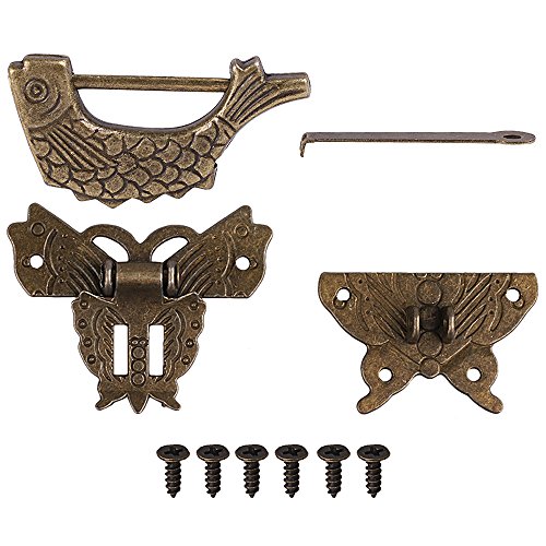 Image of Antique Small Chinese Locks with Key & Latch Hasp Set, Vintage Jewelry Gift Box Decorative Padlock Lock Hardware Latch Set for Wood Box, Fish Lock
