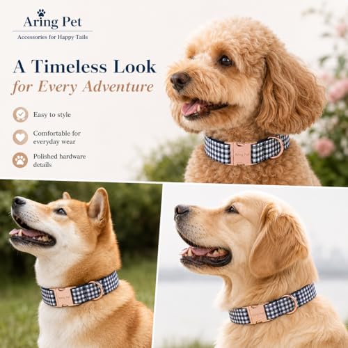Image of ARING PET Boy Dog Collar for Puppy Small Medium Large Dogs-Navy Plaid S | Cute Male Navy White Gingham Heavy Duty Pet Collars with Metal Buckle for XS S M L XL Dogs, for Daily Walk Trip Outings