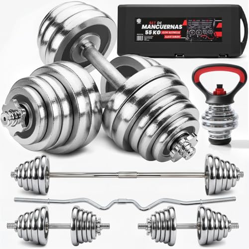 ManiBoom Maletin Pesas y Mancuernas Ajustables de HIERRO ANTIDESLIZANTES - Mancuernas 10kg 15kg 20kg 30kg 40kg 50kg con Barra Regulables y KETTLEBELLS- Kit de Ejercicio Gym en Casa