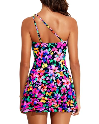 Image of Tempt Me Women One Piece Swim Dress One Shoulder Swimsuit | Tummy control, Skirted bottom, Adjustable shoulder straps, Removable bra