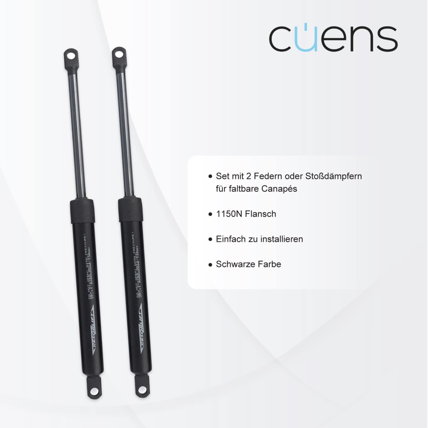 Set mit 2 Gasfedern oder Stoßdämpfern für Bettkasten 1150N - M-8 Schelle - Ideal für Bettkasten 135 cm - Cuens