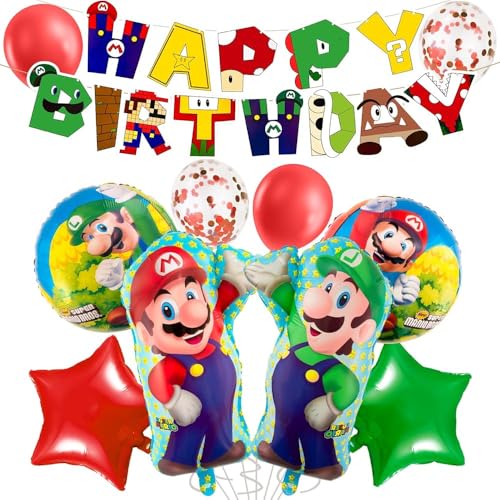 CHUKUA Super Balloons Bros Foil Balloons Happy Birthday Banner for Kids Party Supplies Decoration