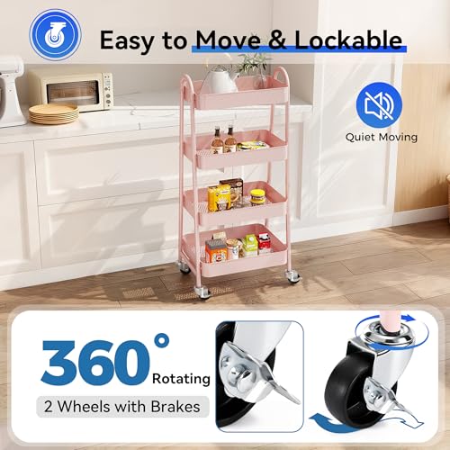 Image of OLIXIS Metal 4 Tiers Utility Rolling Cart, Mobile Storage Shelf with Lockable Caster Wheels, Organization for Livingroom, Bathroom & Narrow Places, 4-Tier Pink