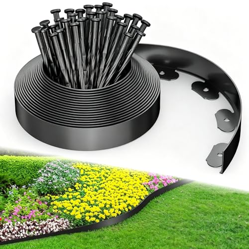 Bordure de Jardin Flexible 5cm x 10m - Plastique Robuste Anti-UV avec 30 Piquets Renforcés Inoxydables, Bordure Jardin sans Creuser pour Parterres, Herbe,...