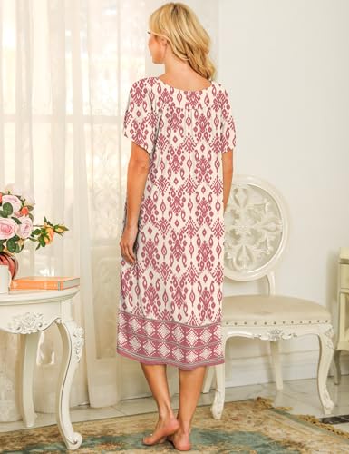 Image of Bloggerlove Mumu House Dress for Women with Pockets Short Sleeve Nightgowns | 15% Cotton, 80% Polyester, 5% Spandex, Floral Mumu House Dress, V-Neck, Short Sleeves, Midi Length, 2 Side Pockets, Lounging