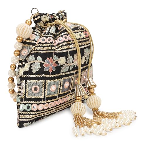 Image of LONGING TO BUY Indian Embroidered Pearl Potli Bag For Women, Sequence Design with Tassel, Wedding Potli Bags