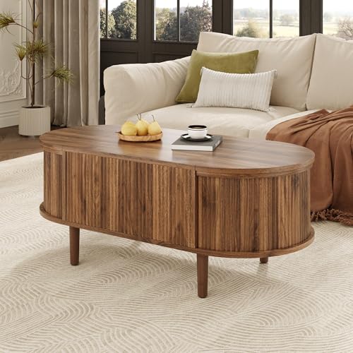 BNUZ Moderna mesa de centro ovalada ajustable, 100 x 48 x 53,5 cm, con espacio de almacenamiento, estilo vintage, mesa de almacenamiento multifuncional, patas de madera maciza