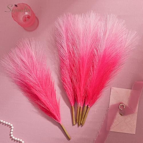 Image of Serwalin Gradient Hot Pink Pampas Grass Decor, 17.7 Inch 6pcs Faux Pampas Grass, Artificial Pampas Grass for Wedding Table Centerpieces Decoration