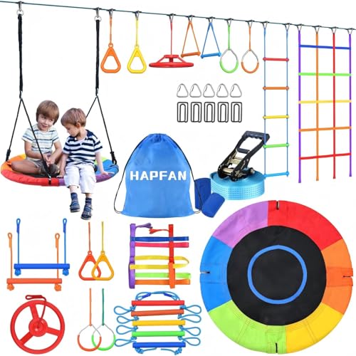 Hapfan 15M Ninja Slackline, juego de columpio al aire libre para niños con carrete de cuerda, circuito Ninja Warrior para niños con 10 obstáculos, estructura de escalada, red de escalada, escalera de