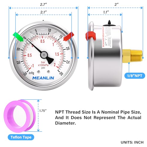 Image of MEANLIN MEASURE -30inHG~30Psi Vacuum Pressure Gauge 1 /8 inch NPT 2.5 inch FACE DIAL, Stainless Steel Liquid Filled Pressure Gauge WOG Water Oil Air Center Back Mount (with 2PCS Snaps)