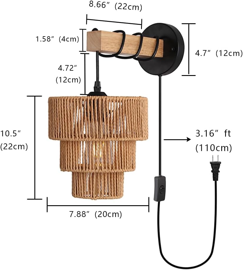 Sedelan Plug in Wall Sconce, Rattan Wall Lamp with Plug in Cord, Wall Sconces Indoor for Bedroom Bedside Dining Room Living Room Home Deco