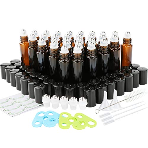Glass Roller Bottles, Maredash 30 Pack 10ml Amber Essential Oils Bottles with Stainless Steel Roller Balls, 30 Labels, 4 Bottle Opener, 2 Funnels, 3 Droppers, 1 Brush, 5 Extra Roller Balls
