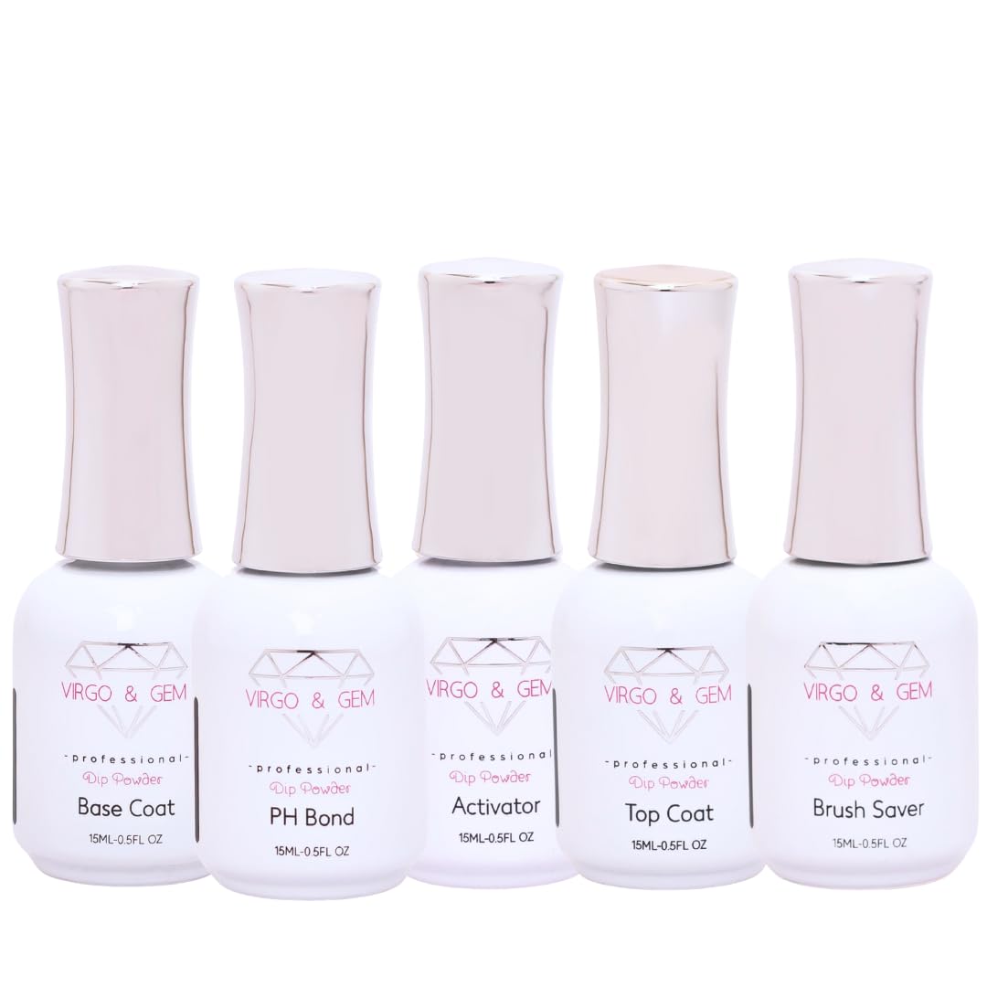 Virgo & Gem - 15ml Dip Powder Base Coat, Top Coat, Activator, Brush Saver and PH bond (5 DIP LIQUIDS SET)