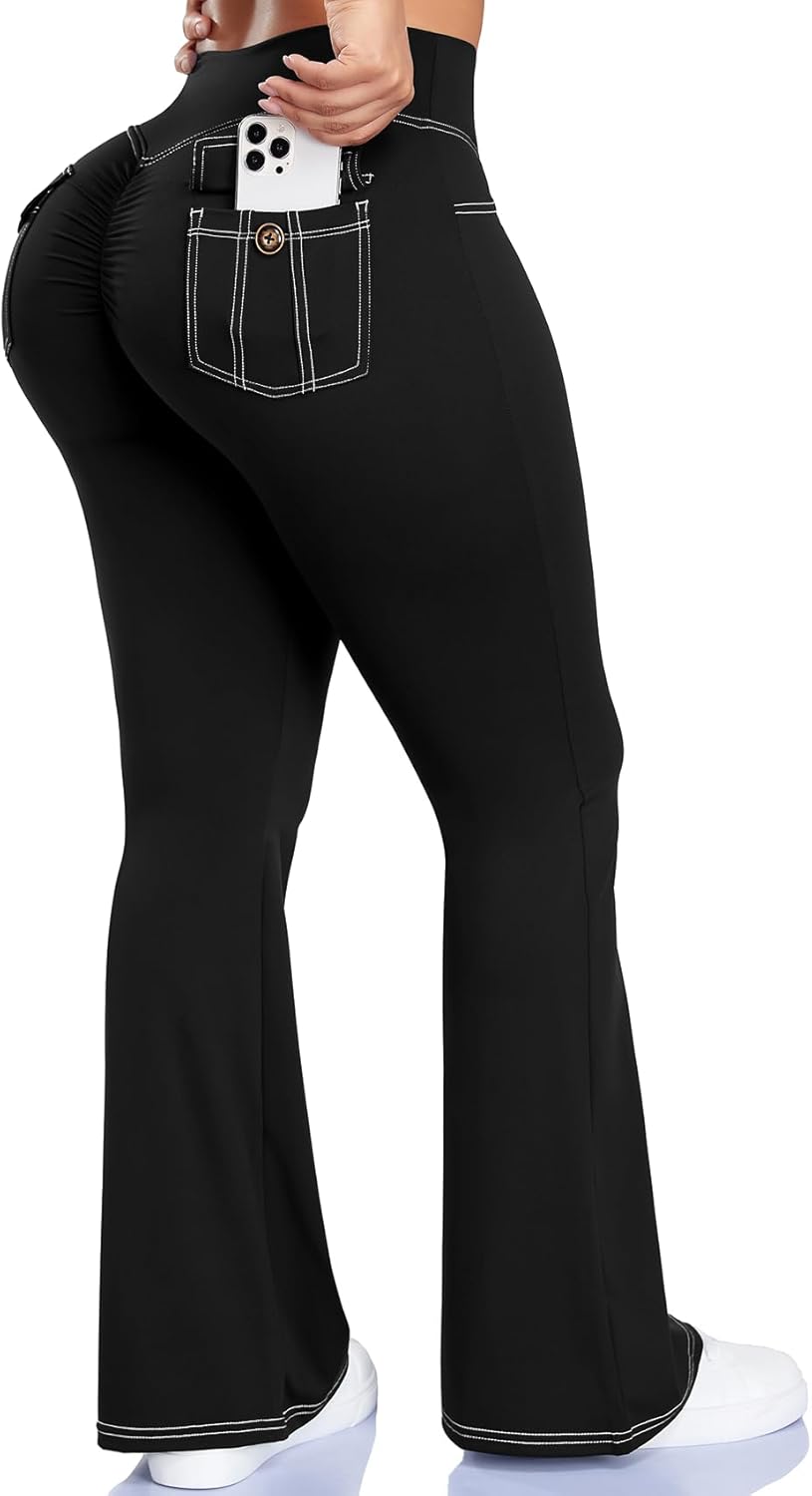 SEASUM Workout Butt Lifting Flare Leggings with Pockets for Women Scrunch Cargo Gym Casual Denim-Look Yoga Pants