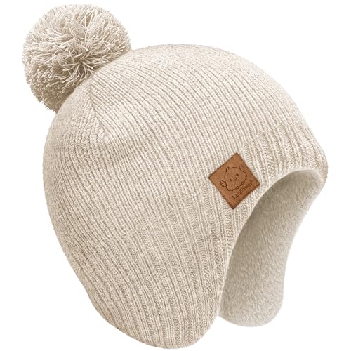 Image of Baby Beanie Winter Hat 6-36 Months - Cute Pom Winter Baby Hats with Earflaps, Soft & Stretchy Knit Toddler Beanies for Infant, Newborn 6-36 Months Boys, Girls, Cozy, Warm Fall Essentials (Cream, M)