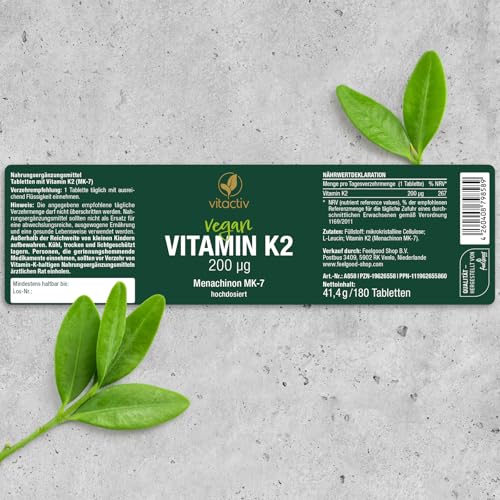 VITACTIV Vitamin K2 Tabletten 200 µg - 180 Stück (180) - Vitamin K2 MK7 All Trans Menaquinon - Für Knochen & Blutgerinnung, Alternative zu K2 Tropfen - Hochdosiert, hohe Bioverfügbarkeit, Vegan