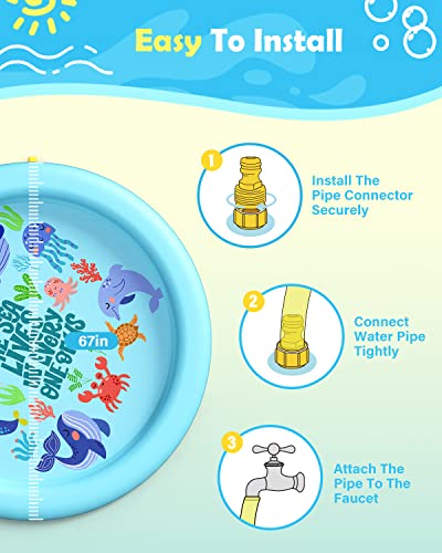 Image of Peteast Anti-Slip Ocean-Themed Splash Pad for Kids and Dogs - 67in 0.58 mm Thicken Sprinkler Dog Pool for Summer Outdoor Water Toys - Fun Backyard Play Mat for Children and Pets