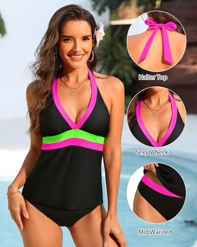 Image of Yonique Womens Two Piece Swimsuits Tummy Control Tankini Plus Size Bathing Suit Halter V Neck Swimwear