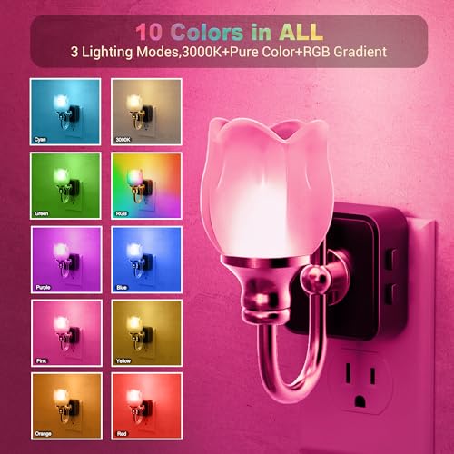 Image of JandCase Night Light, Color Changing Night Lights Plug into Wall RGB | Glass Tulip LED Nightlight, Dimmable Flower Nightlights, Dusk to Dawn Sensor, 180 Rotating Vintage Nite Light for Bathroom