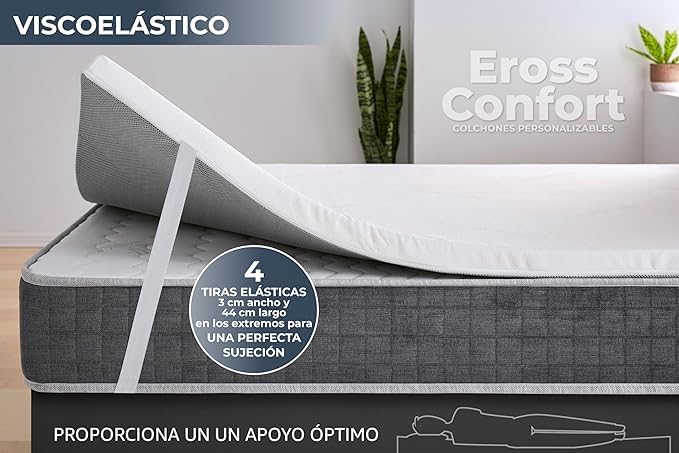 Topper 180x190 Viscoelástico. Cubre Colchón de Espuma con Memoria Adaptable a Todos los Colchones. Hipoalergénico y Transpirable. Desenfundable, Cremallera y Lavable. Moncel ErossConfort