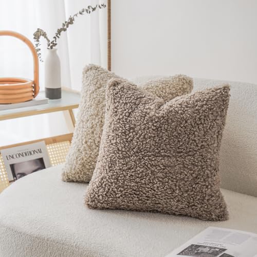 Image of Foindtower 2 Pieces Teddy Faux Fur Throw Pillow Cover Decorative Sherpa Pillow Fuzzy Sheepskin Accent Cushion Case Soft Fleece Pillowcases for Bed Couch Living Room 18x18 Inch Khaki