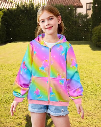 Nidoul Girls Zip Up Hoodie Jacket Unicorn Rainbow Mermaid Sweatshirt with Pockets for Toddler Kid 3-9 Y3