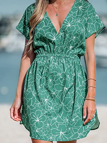 Image of CUPSHE Women's Swimsuit Coverup Casual V Neck Beach Dress Short Sleeve Elastic Waist Swimwear Cover Ups 2026 Beachwear