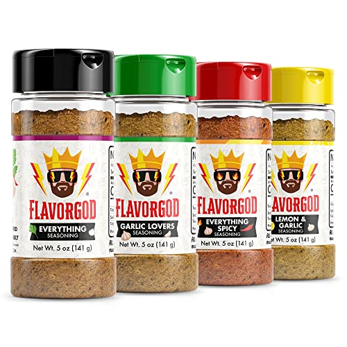 Classic Combo Pack Seasoning & Spices for Cooking, Pack of 4 (Everything, Everything Spicy, Garlic Lovers, Lemon & Garlic) – Low Sodium, Premium All Natural, & Healthy Herbs Keto Spice Set – Chicken, Beef, Seafood, & Eggs Seasoning Set by Flavor God