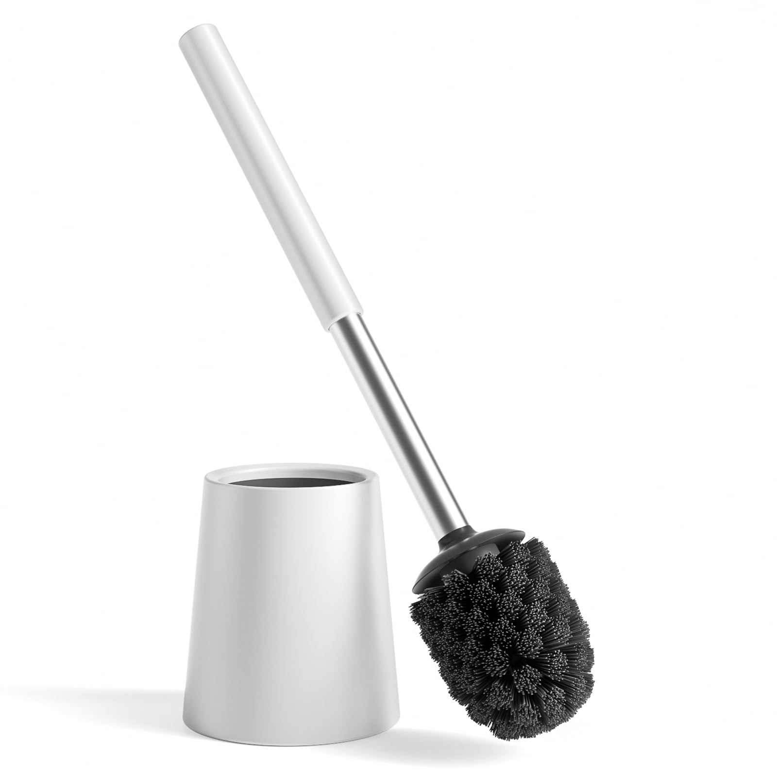 TOURRAMIT 304 Stainless Steel Toilet Brush & Holder Set – Freestanding, Rustproof, Replaceable Head Design, Sleek Modern Bathroom Accessory (Matte White)