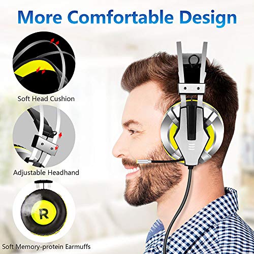 Gaming headset, hoofdgemonteerde gaming headset, met led-lampje & ruis annuleren microfoon, telescopische microfoon, 360 ° surround geluid, voor Xbox, PS4, pc,Yellow - Afbeelding 3