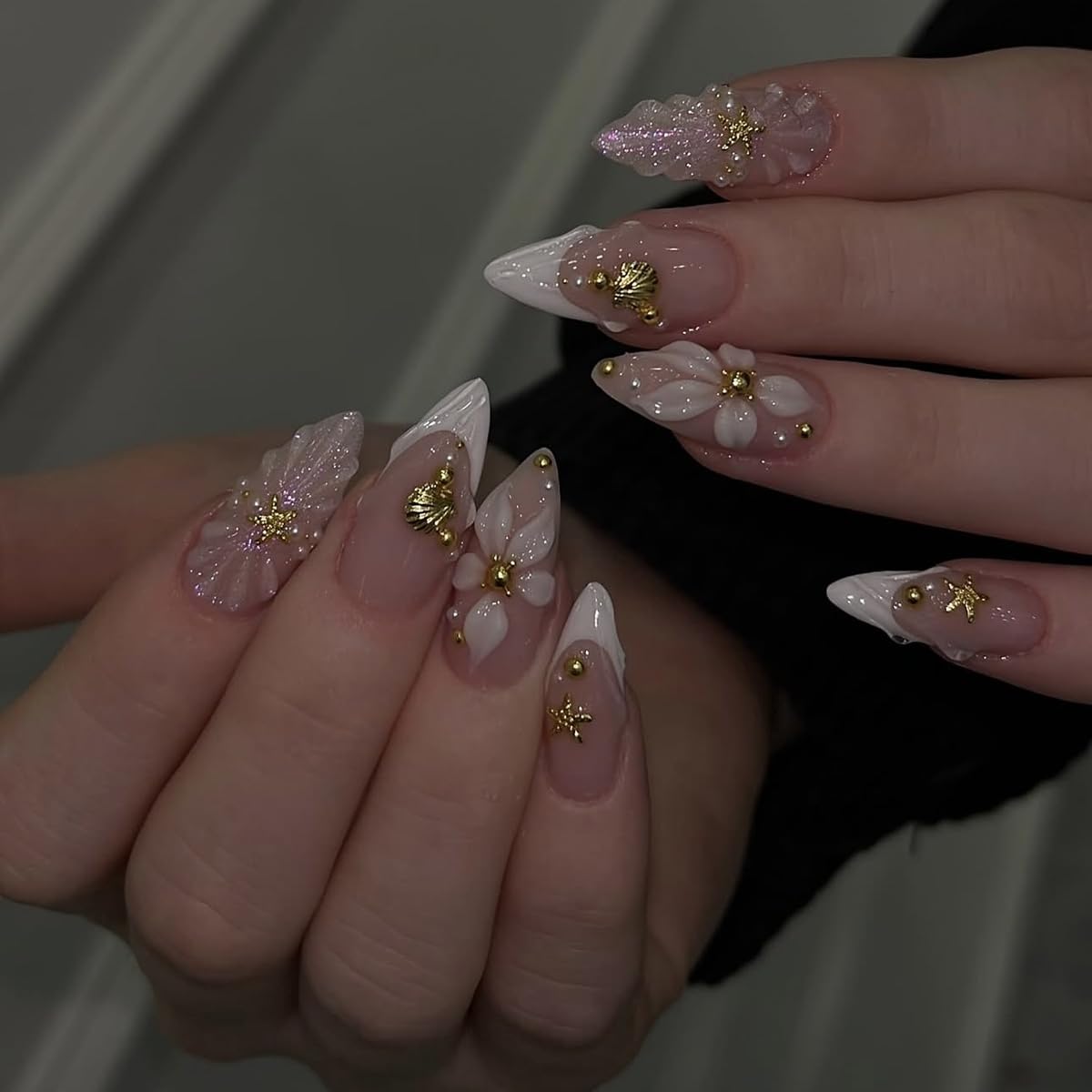 French Tip Almond Press On Nails With 3d Gild Cross Charms Kit_voghion.com