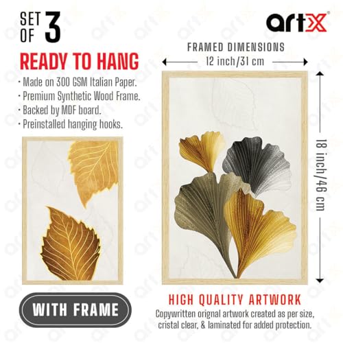 Image of ArtX Paper Modern Art Wall Painting For Living Room,Drawing Room Decoration Big Size, Leaves Framed Painting for Wall Decoration, Mordern Wall Decor For Bedroom,Multicolor, 36.0 x 18.0 inches,Set Of 3