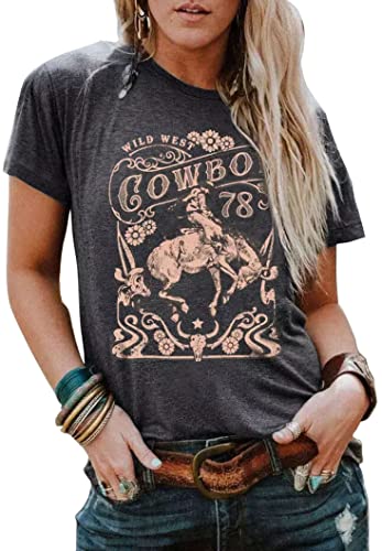 Wild West Cowboy T-Shirt Women Vintage Graphic Country Music Shirt Tops Western Cowboy Rodeo Tee Tops