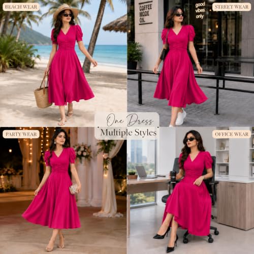 Image of Preneum Girl's & Women's Solid Color V-Neck A-Line Maxi Dress for Women | New Year Party Outfit | Waist Cinched Puff Sleeve Western | Elegant Casual Wear (Availble in Plus Size)