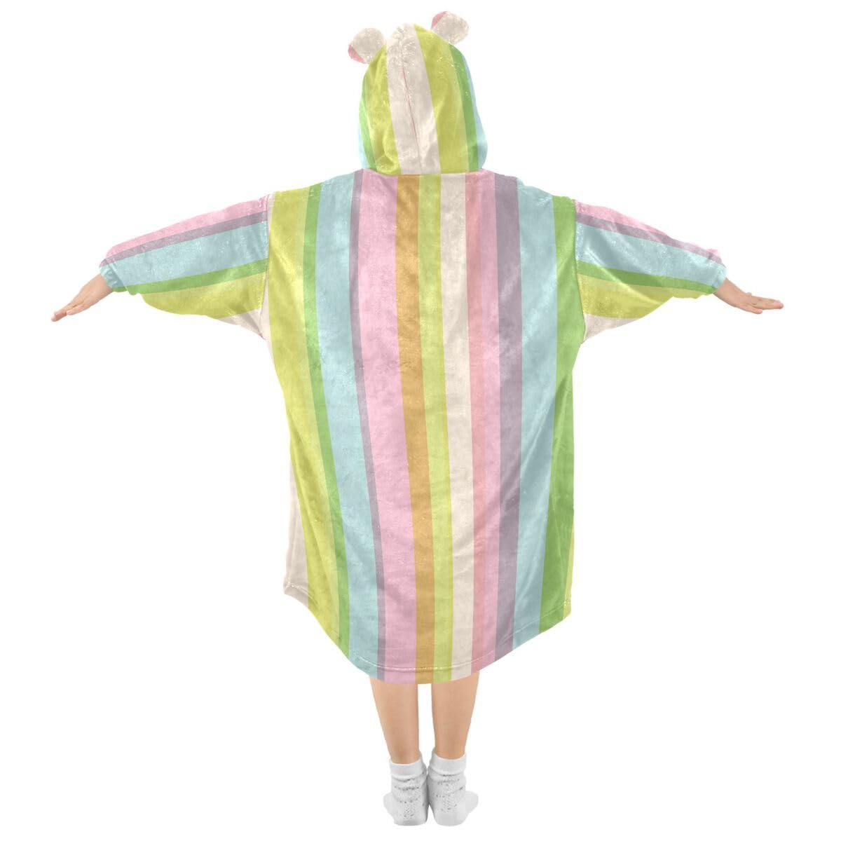 Rowbin Stripes dziecięcy koc do noszenia z kapturem, oversize, bluza z kapturem, kolorowe paski, dla chłopców i dziewcząt w wieku 3-14 lat