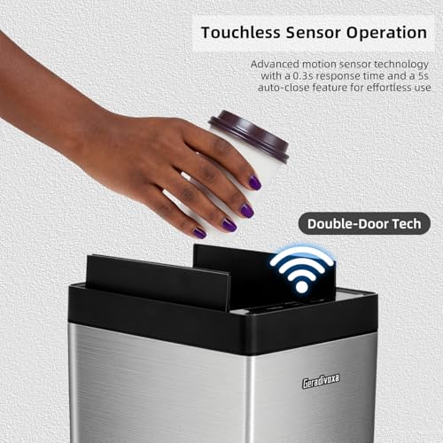 Image of Kitchen Trash Can with Air-Press Bag Expander - 8 Gallon Smart Matte Stainless Steel Bin with Motion Sensor Butterfly Lid for Home, Living Room, Bedroom, RV