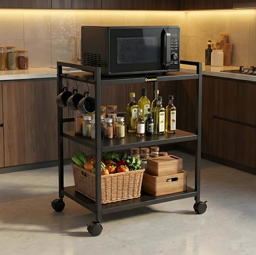 Image of Heavy Duty 3 Tier Microwave Oven Stand for Kitchen | Multi-Purpose Metal Rack with Wheels | Storage Organizer for Oven, OTG, Air Fryer, Printer, and Appliances (Black)