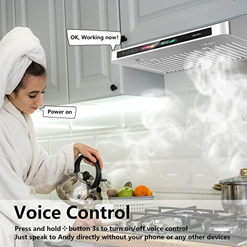 Brano Under Cabinet Vent Hood 30 Inch, Kitchen Range Hood With Voice Control, 900 Cfm Ducted Fan Brushed Stainless Steel With Led Lights, Touch Control, Gesture Sensing Touchless Control, 4-Speed Fan #TOP2