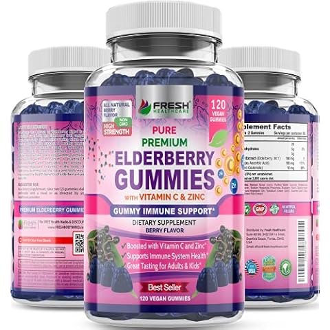 FRESH HEALTHCARE Elderberry Gummies 120 Count with Vitamin C and Zinc - Sambucus Elderberry 30:1 Extract - 100% Vegan Friendly for Adults and Kids - Immune Support Gummy Supplement Cover
