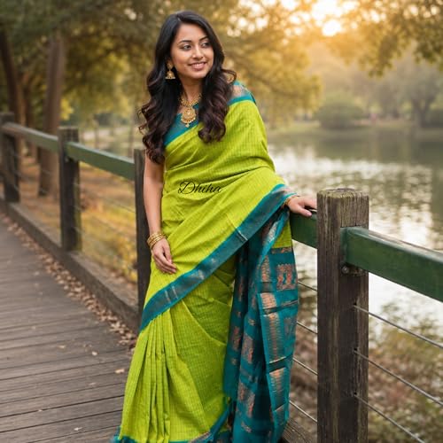 Image of Gadwal Cotton Silk Checked Saree for Women | Pure Kalyani Cotton Checked Saree with Zari Border Tassels & Blouse | Kanjivaram Linen Silk | Handloom Weave
