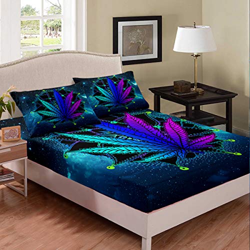 Erosebridal Cannabis Leaves Fitted Sheet Bohemian Mandala Bedding Set Queen Size Marijuana Weed Leaf Bed Cover Galaxy Starry Sky Trippy Bed Set, Blue Purple Bedding Set For Room Decor #TOP16